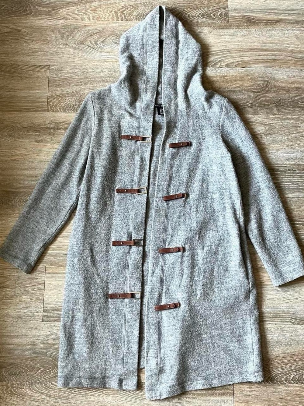 Willi Smith light grey wool hooded peacoat style sweater with brown buckles